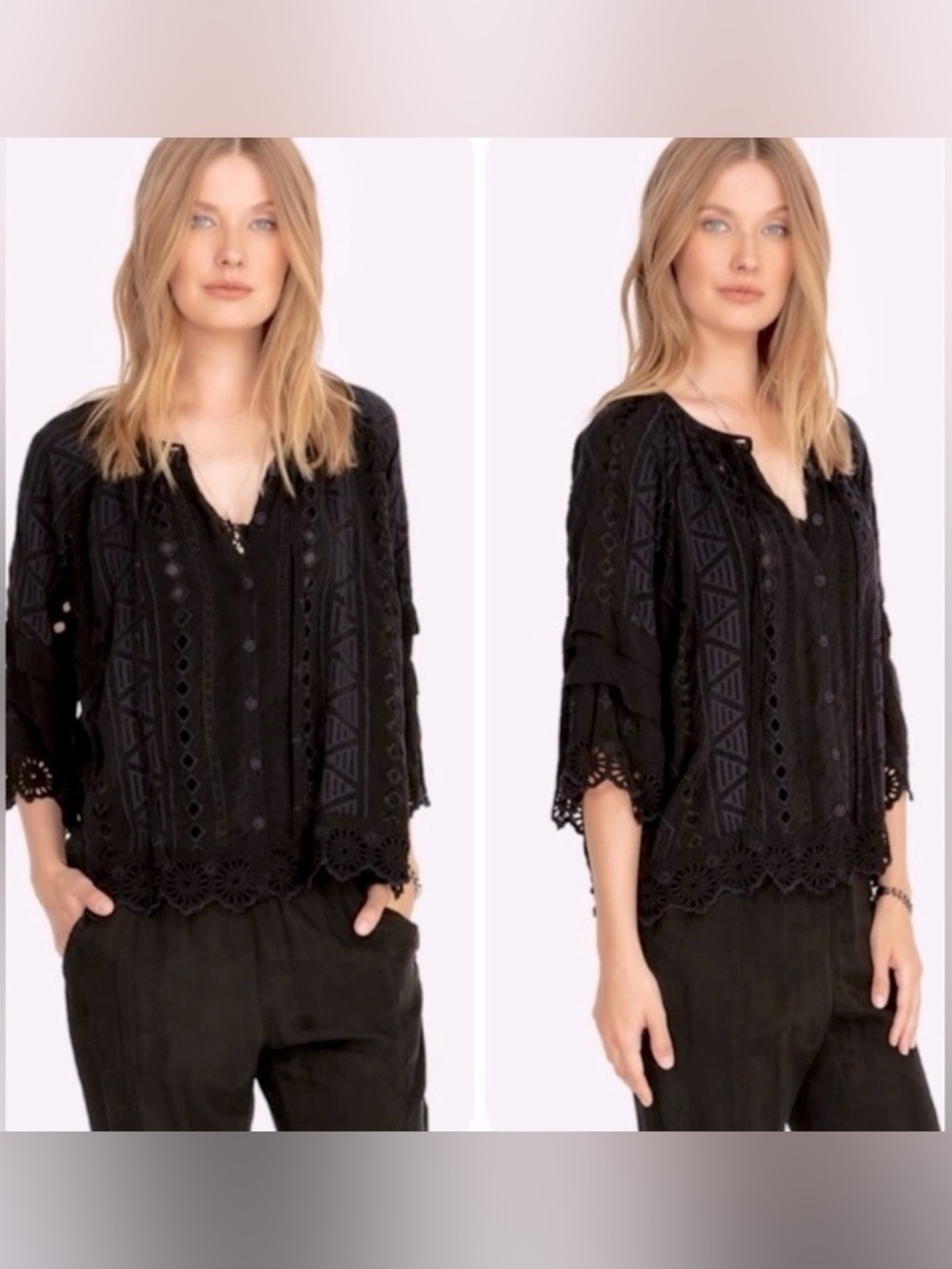 Johnny Was Black Ari Eyelet Blouse, XS with Black Lace Slip Cami,  Size M, NWT